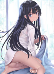 1girl absurdres ass bare_legs barefoot bed bed_sheet black_hair blue_eyes blush closed_eyes commentary_request dress_shirt from_behind highres indoors long_hair long_sleeves looking_at_viewer looking_back nagiha_kuten on_bed original panties pantyshot sheet_grab shirt sitting sleeves_past_wrists solo underwear white_panties white_shirt yokozuwari