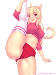 Rule 34 | 1girl, ahoge, animal ear fluff, animal ears, blonde hair, blush, breasts, buruma, cat ears, cat tail, covered erect nipples, highres, large breasts, leg lift, long hair, looking at viewer, midriff, nottytiffy, open mouth, original, red eyes, slit pupils, solo, split, standing, standing on one leg, tail, thighhighs, tiffy (nottytiffy), watermark, web address, white background, white thighhighs