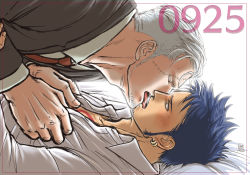 Rule 34 | 2boys, beard, black hair, black shirt, blush, couple, dark-skinned male, dark skin, eye contact, facial hair, french kiss, goatee, half-closed eyes, kiss, kokorozashi, long sideburns, looking at another, lying, male focus, mature male, messy hair, multiple boys, on back, on bed, one piece, open clothes, open shirt, shirt, short hair, sideburns, smile, smoker (one piece), stubble, tongue, trafalgar law, undressing another, white hair, yaoi