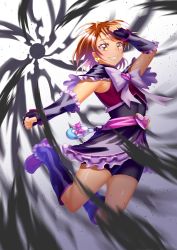 Rule 34 | 1girl, absurdres, arm warmers, bike shorts, black capelet, black gloves, black shorts, black skirt, bow, bowtie, brooch, brown hair, capelet, cure black, curecycadura, earrings, eyelashes, fingerless gloves, full body, futari wa precure, futari wa precure max heart, gloves, grin, heart, heart brooch, heart earrings, highres, jewelry, jumping, layered skirt, leg warmers, looking at viewer, miniskirt, precure, red footwear, short hair, short shorts, shorts, shorts under skirt, skirt, smile, solo, swept bangs, white bow, white bowtie, yellow eyes