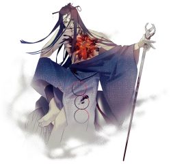 Rule 34 | 1boy, 2018, bare shoulders, barefoot, black hair, blood, hair ornament, hair stick, highres, long hair, looking at viewer, male focus, open mouth, original, pale skin, simple background, sitting, solo, staff, stigmata, tsujimoto aki, white background, wide sleeves