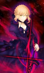 Rule 34 | 1girl, artoria pendragon (all), artoria pendragon (fate), black bow, blonde hair, blue dress, bow, breasts, cleavage, dress, excalibur morgan (fate), fate/stay night, fate (series), floating hair, hair bow, hand on hilt, highres, long dress, looking at viewer, medium breasts, ria001, saber alter, shrug (clothing), sidelocks, smile, solo, standing, v-shaped eyebrows, yellow eyes