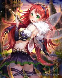 Rule 34 | &gt;:o, 1girl, :o, back, fairy wings, green eyes, holding, long hair, looking at viewer, looking back, official art, open mouth, original, pleated skirt, red hair, seikon no arcana, skirt, solo, tiara, v-shaped eyebrows, whip, wings, yuzuki kihiro