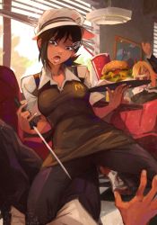 Rule 34 | 1boy, 2girls, accident, apron, ball busting, bdsm, black apron, black eyes, black hair, black pants, breasts, burger, cbt, chainsaw man, checkered floor, fang, food, girl on top, hair ornament, hairclip, higashiyama kobeni, highres, holding, holding knife, holding weapon, horns, indoors, khyle., kneeing, knife, low ponytail, mcdonald&#039;s, medium breasts, mole, mole under mouth, multiple girls, pants, pink hair, power (chainsaw man), shirt, shoes, short hair, short ponytail, squatting, waitress, weapon