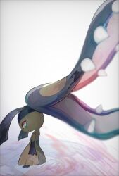 Rule 34 | blurry, commentary request, creatures (company), extra mouth, from side, game freak, gen 3 pokemon, head down, highres, mawile, nintendo, open mouth, pokemon, pokemon (creature), red eyes, sharp teeth, solo, standing, teeth, wafu pkmn, white background