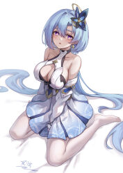 Rule 34 | 1girl, absurdres, aged up, bare shoulders, blue hair, breasts, cleavage, commentary request, detached sleeves, dress, griseo, griseo (cosmic expression), highres, honkai (series), honkai impact 3rd, large breasts, long hair, long sleeves, looking at viewer, no shoes, pantyhose, parted lips, pleated dress, purple eyes, short dress, short sleeves, simple background, sitting, sleeveless, sleeveless dress, solo, very long hair, wariza, white background, white dress, white pantyhose, yelan xing xuan