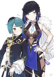 Rule 34 | 1boy, 1girl, absurdres, aqua eyes, bad id, bad twitter id, blunt bangs, blush, bob cut, breasts, cape, chinese clothes, cleavage, dice, fingerless gloves, frilled sleeves, frills, fur trim, genshin impact, gloves, hand on another&#039;s head, hand on own hip, highres, large breasts, long sleeves, looking at viewer, mole, mole on breast, short hair, simple background, smile, takenoko no you, tall female, vision (genshin impact), white background, xingqiu (genshin impact), yelan (genshin impact)