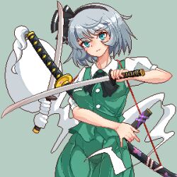 Rule 34 | 1girl, aqua eyes, black bow, black bowtie, black hairband, bow, bowtie, closed mouth, collared shirt, commentary request, eaglov, ghost, green skirt, green vest, grey background, hairband, highres, holding, holding sword, holding weapon, katana, konpaku youmu, konpaku youmu (ghost), looking at viewer, multiple swords, pixel art, shirt, simple background, skirt, solo, sword, touhou, variant set, vest, weapon, white shirt