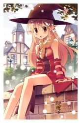 Rule 34 | 1girl, absurdres, animal, animal around neck, blonde hair, blush, body blush, border, breasts, brick wall, building, cloud, commentary request, day, detached sleeves, doridori, dress, feet out of frame, fox, hair between eyes, hat, highres, house, in-universe location, lamppost, long hair, looking at viewer, medium breasts, open mouth, outdoors, professor (ragnarok online), ragnarok online, red dress, red eyes, red sleeves, sitting, sky, sleeveless, sleeveless dress, solo, star (symbol), tree, white border, window, witch hat