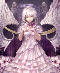 Rule 34 | 1girl, angel, angel wings, bad id, bad pixiv id, dress, earrings, flower, frown, green eyes, halo, jewelry, jname, nail polish, original, own hands clasped, own hands together, ribbon, single earring, sky, slit pupils, solo, star (sky), starry sky, statue, veins, white hair, wings, yellow eyes