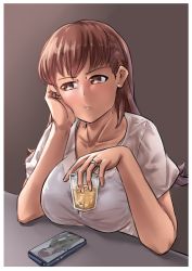 Rule 34 | 1girl, absurdres, alcohol, blush, border, breasts, brown eyes, brown hair, cellphone, collarbone, cup, drinking glass, garylin, head rest, highres, holding, holding cup, jewelry, kantai collection, large breasts, long hair, ooi (kancolle), phone, pout, ring, shirt, short sleeves, sitting, smartphone, solo, table, upper body, wedding band, white border, white shirt