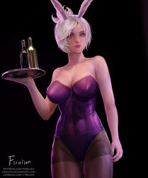 Rule 34 | 1girl, animal ears, bare shoulders, battle bunny riven, black background, black pantyhose, bottle, breasts, brown eyes, cleavage, closed mouth, fake animal ears, firolian, highres, large breasts, league of legends, leotard, lips, looking at viewer, pantyhose, patreon username, playboy bunny, rabbit ears, riven (league of legends), short hair, silver hair, solo, strapless, strapless leotard, tray, watermark, web address
