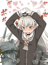 Rule 34 | 10s, 1girl, amatsukaze (kancolle), arms up, blush, brown eyes, embarrassed, hair between eyes, hair tubes, hands on headwear, heart, kantai collection, lifebuoy, long hair, open mouth, rensouhou-kun, scarf, school uniform, silver hair, steam, swim ring, tears, twintails, two side up, wavy mouth, youkan