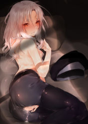 Rule 34 | 1girl, absurdres, aftersex, bad id, bad pixiv id, beret, black pantyhose, boots, breasts, brown eyes, caren hortensia, cum, cum in pussy, fate/hollow ataraxia, fate (series), hand up, hat, highres, hplay, long hair, looking at viewer, lying, nipples, on bed, on side, pantyhose, parted lips, pillow, silver hair, small breasts, solo, thigh boots, thighhighs, topless, torn clothes, torn legwear, unworn hat, unworn headwear, wavy hair, window shadow