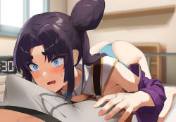 Rule 34 | 1boy, 1girl, absurdres, ass, bare shoulders, black hair, blue eyes, breasts, bulge, erection, erection under clothes, fate/grand order, fate (series), hair bun, highres, long hair, mazenda (3378), medium breasts, open mouth, parted bangs, side bun, side ponytail, sidelocks, single hair bun, single side bun, ushiwakamaru (fate), very long hair