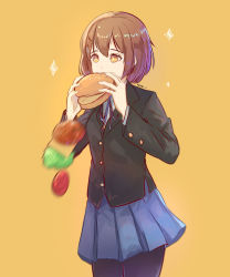Rule 34 | + +, 1girl, absurdres, black jacket, black pantyhose, blazer, blue ribbon, blue skirt, bread bun, breasts, brown eyes, brown hair, burger, burger malfunction, buttons, cheese, collared shirt, eating, failure, food, hair ornament, hairclip, highres, hirasawa yui, holding, holding food, jacket, k-on!, lettuce, long sleeves, meat, motion blur, naoel (naoel art), neck ribbon, pantyhose, pleated skirt, ribbon, sakuragaoka high school uniform, school uniform, shirt, short hair, signature, simple background, skirt, small breasts, solo, standing, tomato, undershirt, uniform, white shirt, yellow background