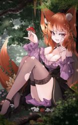 Rule 34 | 1girl, :d, animal ear fluff, animal ears, bad id, bad pixiv id, bare shoulders, black footwear, blunt bangs, braid, breasts, commentary request, commission, day, facial mark, forest, fox ears, fox girl, fox tail, high heels, highres, index fingers raised, large breasts, long hair, long sleeves, looking at viewer, mushroom, nanana (nanana iz), nature, on ground, open mouth, orange hair, original, outdoors, pinky out, purple eyes, shoes, sitting, skeb commission, smile, solo, tail, thighhighs, torn clothes, torn thighhighs