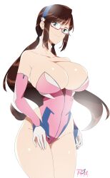 Rule 34 | 1girl, absurdres, adapted costume, alternate breast size, bare shoulders, blue eyes, breasts, brown hair, cleavage, closed mouth, collarbone, commission, cowboy shot, elbow gloves, glasses, gloves, highres, large breasts, leotard, long hair, looking at viewer, low twintails, makinami mari illustrious, neon genesis evangelion, pink gloves, pink leotard, pixiv commission, plugsuit, r3dfive, red-framed eyewear, simple background, smile, solo, standing, strapless, twintails, white background