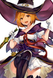 Rule 34 | 1girl, :d, akanagi youto, black footwear, black hat, blonde hair, boots, breasts, cleavage, collarbone, commentary request, convenient leg, cowboy shot, dagger, djeeta (granblue fantasy), gloves, gluteal fold, granblue fantasy, hair between eyes, hands up, hat, highres, holding, holding dagger, holding knife, holding weapon, knee up, knife, looking at viewer, medium breasts, miniskirt, neckerchief, open mouth, pleated skirt, puffy short sleeves, puffy sleeves, red neckerchief, shirt, short hair, short sleeves, simple background, skirt, smile, solo, thigh boots, thighhighs, thighs, waist cape, weapon, white background, white gloves, white shirt, white skirt, witch hat, yellow eyes