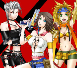 Rule 34 | 00s, 3girls, armband, belt, bikini, bikini top only, blonde hair, blue eyes, breasts, brown hair, choker, cleavage, crossed arms, detached sleeves, elbow gloves, female focus, final fantasy, final fantasy x, final fantasy x-2, gloves, green eyes, grey hair, gun, hair ornament, headband, heterochromia, jewelry, long hair, microskirt, midriff, multiple girls, navel, necklace, open mouth, paine, panties, peach-usa, red eyes, rikku (ff10), short hair, short shorts, shorts, skirt, swimsuit, thong, underwear, weapon, yuna
