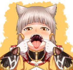 Rule 34 | 1girl, animal ears, blunt bangs, blush, bodysuit, cat ears, fangs, gloves, looking at viewer, nia (xenoblade), nintendo, open mouth, saliva, samuimo, short hair, silver hair, solo, tongue, tongue out, upper body, uvula, xenoblade chronicles (series), xenoblade chronicles 2