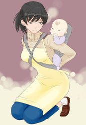 Rule 34 | 1girl, amagami, apron, baby, between breasts, bobby socks, breasts, brown footwear, highres, kneeling, loafers, looking at another, looking back, seatbelt effect, shoes, simple background, small breasts, socks, solo, strap between breasts, takemi kaoru, tsukahara hibiki, turtleneck, white socks, yellow apron