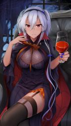 Rule 34 | 1girl, absurdres, between breasts, black cape, black dress, blue nails, breasts, cape, cleavage, couch, cup, dark-skinned female, dark skin, dress, drinking glass, finger to mouth, garter straps, glasses, grin, hair between eyes, hairband, halloween costume, highres, indoors, kantai collection, large breasts, crossed legs, looking at viewer, musashi (kancolle), musashi kai ni (kancolle), nail polish, night, red eyes, silk, sitting, smile, solo, spider web, twintails, vampire, white hair, wine glass, yunamaro
