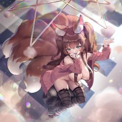 Rule 34 | 1girl, animal ear fluff, animal ears, blush, breasts, brown hair, commission, cotton candy, fangs, fluffy, fox ears, fox girl, fox tail, green eyes, hair between eyes, hand on own face, hand up, highres, large breasts, large tail, light particles, long hair, looking at viewer, muloli, multiple tails, nipples, nude, open mouth, original, plushmallow, sitting, skindentation, solo, tail, thighhighs, two side up