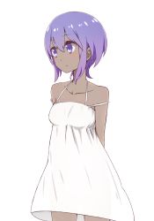 Rule 34 | 1girl, alternate costume, arms behind back, bare shoulders, dark skin, dark-skinned female, dress, fate/grand order, fate (series), halterneck, hassan of serenity (fate), i.u.y, looking to the side, purple eyes, purple hair, see-through silhouette, short hair, simple background, solo, sundress, white background, white dress