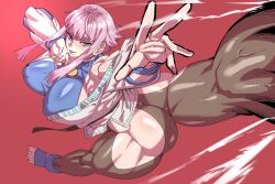 Rule 34 | 1girl, absurdres, ass, blue eyes, breasts, dougi, gamjasssak, highres, hime cut, hip vent, large breasts, leggings, manon legrand, martial arts belt, midair, muscular, muscular female, muscular legs, pink hair, red background, short hair with long locks, sidelocks, solo, spandex, street fighter, street fighter 6