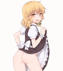 Rule 34 | 1girl, ass, black dress, blonde hair, blush, braid, clothes lift, commentary request, cowboy shot, dress, dress lift, hair between eyes, highres, kirisame marisa, lifted by self, looking at viewer, looking back, miyo (ranthath), no panties, open mouth, puffy short sleeves, puffy sleeves, short hair, short sleeves, simple background, single braid, solo, touhou, white background, white dress, wrist cuffs, yellow eyes