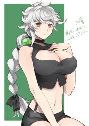Rule 34 | 1girl, :o, alternate costume, black choker, black ribbon, black shorts, braid, breasts, brown eyes, choker, cleavage, crop top, dated, hair ornament, hair ribbon, highres, kantai collection, large breasts, long hair, looking at viewer, one-hour drawing challenge, parted lips, ribbon, shorts, simple background, single braid, sleeveless, solo, suspender shorts, suspenders, toriniku senshi chikinman, twitter username, two-tone background, unryuu (kancolle)