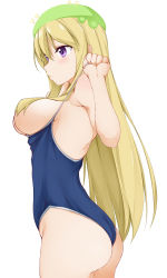 Rule 34 | 1girl, ass, blonde hair, blue one-piece swimsuit, blush, breasts, cleavage, competition school swimsuit, cropped legs, from side, hair between eyes, hair censor, hair over breasts, hinata masaki, large breasts, long hair, looking to the side, moss, murenase! shiiton gakuen, one-piece swimsuit, parted lips, purple eyes, school swimsuit, shishio miyubi, simple background, solo, swimsuit, white background