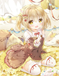 Rule 34 | 1girl, animal ears, animal hands, bed, bed sheet, blonde hair, blush, bow, bowtie, cat paws, cup, fox tail, highres, moco ofuton, original, pillow, red bow, red bowtie, red ribbon, ribbon, smile, star (symbol), tail, thighhighs, twintails, uwu, white thighhighs, yellow eyes