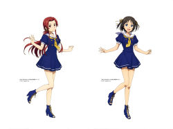 Rule 34 | 2girls, :d, absurdres, bare legs, blue dress, blue eyes, blue footwear, brown hair, closed mouth, dress, full body, hair intakes, hair ribbon, highres, long hair, multiple girls, neckerchief, official art, open mouth, pleated dress, ponytail, red eyes, red hair, ribbon, ronye arabel, sailor collar, sailor collar lift, short dress, short hair, short sleeves, short twintails, sidelocks, simple background, smile, standing, standing on one leg, sword art online, tiese schtrinen, twintails, very long hair, white background, white sailor collar, yellow neckerchief, yellow ribbon
