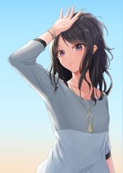 Rule 34 | 1girl, absurdres, arm on own head, arm up, asymmetrical sleeves, black hair, blue sky, bracelet, breasts, collarbone, highres, idolmaster, idolmaster shiny colors, jewelry, kazano hiori, long hair, looking at viewer, mole, mole under mouth, necklace, off-shoulder shirt, off shoulder, purple eyes, shirt, sky, small breasts, solo, sunset, tomatology3, two-tone shirt, uneven sleeves, upper body