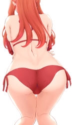 Rule 34 | 1girl, absurdres, arms under breasts, ass, back, bikini, breasts, butt crack, commentary request, fingernails, frilled bikini, frills, from behind, go-toubun no hanayome, highres, inanaki shiki, leaning forward, long hair, nail polish, nakano itsuki, pink nails, ponytail, red hair, side-tie bikini bottom, sideboob, sidelocks, simple background, solo, swimsuit, trefoil, white background