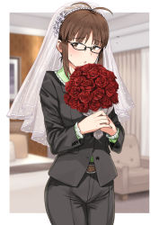 Rule 34 | 1girl, akizuki ritsuko, antenna hair, averting eyes, blurry, blurry background, blush, bouquet, bridal veil, brown eyes, brown hair, buttoned cuffs, buttons, cowboy shot, embarrassed, flower, formal, glasses, highres, holding, holding bouquet, idolmaster, idolmaster (classic), indoors, jacket, long sleeves, outside border, pant suit, pants, red flower, red rose, rose, solo, suit, suit jacket, tsurui, veil