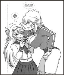 Rule 34 | alternate costume, animification, armor, bandaged hand, bandages, breasts, bullying, cleavage, english text, goggles, goggles on head, greyscale, gym uniform, height difference, hmage, kabedon, large breasts, legion (titanfall 2), long hair, monochrome, northstar (titanfall), personification, pleated skirt, school uniform, serafuku, skirt, standing, thighs, titanfall, titanfall (series), titanfall 2, white background
