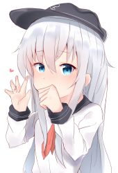 Rule 34 | 1girl, blue eyes, blush, breasts, diffraction spikes, dress, hair between eyes, hat, hibiki (kancolle), jewelry, kantai collection, looking at viewer, neckerchief, peaked cap, ring, sailor collar, sailor dress, sailor hat, school uniform, serafuku, shirt, silver hair, simple background, skirt, small breasts, solo, tachibana (x quick), v, wedding ring, white background, white shirt