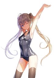 Rule 34 | 1girl, ;&lt;, ahoge, armpits, arms up, bare arms, bare shoulders, black thighhighs, blonde hair, blue eyes, breasts, cameltoe, cleavage, closed mouth, collarbone, competition school swimsuit, contrapposto, cowboy shot, highres, kim eb, long hair, looking at viewer, old school swimsuit, one-piece swimsuit, original, school swimsuit, shiny clothes, solo, standing, stretching, swimsuit, thighhighs, twintails, very long hair, water, water drop, wet
