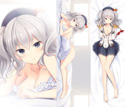 Rule 34 | 10s, 1girl, apron, bad id, bad pixiv id, barefoot, breasts, cleavage, dakimakura (medium), epaulettes, frilled sleeves, frills, gloves, hat, kantai collection, kashima (kancolle), kerchief, large breasts, looking at viewer, lying, military, military uniform, miniskirt, multiple views, naked apron, on stomach, pleated skirt, silver hair, skirt, smile, sumikko no aria, tsurime, twintails, uniform, wavy hair