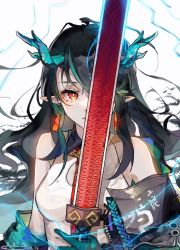 Rule 34 | 1girl, arknights, arm tattoo, bare shoulders, black collar, black hair, black jacket, breasts, china dress, chinese clothes, cleavage cutout, clothing cutout, collar, colored skin, dragon girl, dragon horns, dress, dusk (arknights), earrings, green hair, green skin, holding, holding sword, holding weapon, horns, jacket, jewelry, long hair, medium breasts, multicolored hair, necktie, off shoulder, one eye covered, painttool sai (medium), phhdss, pointy ears, red eyes, red necktie, simple background, sleeveless, sleeveless dress, solo, streaked hair, sword, tassel, tassel earrings, tattoo, weapon, white background, white dress