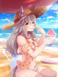 Rule 34 | 1girl, artist name, beach, blue eyes, breasts, chair, cleavage, cloud, collarbone, commentary request, ear covers, eating, food, hair between eyes, hair ornament, hat, highres, horse girl, lens flare, looking at viewer, multicolored hair, ocean, one-piece swimsuit, partial commentary, shaved ice, single ear cover, small breasts, solo, straw hat, streaked hair, sun hat, swimsuit, table, thick eyebrows, thighs, umamusume, umbrella, utada kuero, white hair, wonder acute (umamusume)
