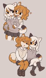 Rule 34 | 2girls, :d, animal ear fluff, animal ears, animal nose, ankle socks, arm support, beige sweater, black eyes, black skirt, black socks, blush, body fur, brown footwear, calico, cat ears, cat girl, cat tail, closed eyes, closed mouth, collared shirt, commentary, cowboy shot, cropped legs, crossed legs, d:, dog ears, dog girl, dog tail, downscaled, english commentary, expressionless, eye contact, eyes visible through hair, facing viewer, flat color, from side, full body, furry, furry female, grey background, grey sweater, hand on another&#039;s shoulder, hand up, hands on lap, heart, hug, hug from behind, invisible chair, kneehighs, leaning on person, leaning to the side, legs together, loafers, long hair, long sleeves, looking at another, looking to the side, miniskirt, mismatched eyebrows, multicolored fur, multiple girls, multiple views, no pupils, open mouth, orange fur, orange hair, original, own hands together, parted lips, pleated skirt, ponytail, raised eyebrow, resized, round teeth, school uniform, shirt, shoes, short eyebrows, side-by-side, side ponytail, simple background, sitting, skirt, sleeping, sleeping on person, sleeping upright, sleeves past wrists, smile, snout, socks, standing, sweater, sweater vest, tail, teeth, thick eyebrows, tsurime, two-tone fur, u u, upper teeth only, wavy hair, white fur, white hair, white shirt, wing collar, yagi (s1120411)