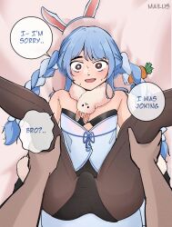Rule 34 | 2boys, absurdres, animal ears, artist name, bare shoulders, black eyes, black leotard, blue hair, braid, bulge, carrot hair ornament, coat, coat dress, cosplay, crossdressing, don-chan (usada pekora), english text, erection, erection under clothes, food-themed hair ornament, from above, fur-trimmed coat, fur scarf, fur trim, hair ornament, hands on another&#039;s thighs, highres, hololive, imminent rape, leotard, leotard under clothes, long hair, looking at viewer, lying, mailus, male focus, meme, multicolored hair, multiple boys, on bed, open mouth, parted hair, playboy bunny, rabbit, rabbit ears, scarf, sidelocks, sleeveless, smile, speech bubble, spread legs, strapless, strapless leotard, sweat, trap, twin braids, two-tone hair, usada pekora, usada pekora (cosplay), virtual youtuber, white coat, white hair, white scarf