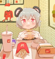 Rule 34 | 1girl, 1other, :t, animal ears, brick wall, burger, capelet, closed mouth, commentary, cookie (touhou), cup, disposable cup, eating, employee uniform, english commentary, fast food, fast food uniform, food, french fries, grey hair, grey vest, highres, holding, holding food, indoors, ketchup, long sleeves, mirlo2hu, mouse ears, mouse girl, nazrin, nyon (cookie), red eyes, shirt, short hair, solo focus, touhou, uniform, upper body, vest, wcdonald&#039;s, white capelet, white shirt