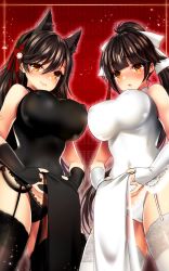 Rule 34 | 2girls, animal ears, atago (azur lane), azur lane, black dress, black hair, black legwear, black panties, blush, breasts, bridal gauntlets, china dress, chinese clothes, clothes lift, commentary request, covered erect nipples, covered navel, dress, dress lift, from below, garter straps, hair ornament, hair ribbon, highres, large breasts, lifted by self, light smile, long hair, looking at viewer, mole, mole under eye, multiple girls, panties, ponytail, red background, ribbon, takao (azur lane), takao (the lessons of spring) (azur lane), thighhighs, underwear, white dress, white legwear, white panties, yellow eyes, yuzuri ai