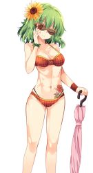 Rule 34 | 1girl, ;), abs, bare legs, bare shoulders, bespectacled, bikini, breasts, cleavage, closed mouth, closed umbrella, collarbone, flower, glasses, hair flower, hair ornament, hand on own cheek, hand on own face, highres, kazami yuuka, layered bikini, looking at viewer, maturiuta sorato, medium breasts, nail polish, navel, one eye closed, pink umbrella, plaid, plaid bikini, red-framed eyewear, red bikini, red eyes, red nails, scrunchie, simple background, smile, solo, stomach, sunflower, sunflower hair ornament, sunglasses, sweatband, swimsuit, tattoo, toned, touhou, umbrella, white background, wrist scrunchie