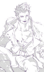 Rule 34 | 1boy, cross scar, epaulettes, facial hair, fate/grand order, fate (series), feet out of frame, fringe trim, goatee, jacket, large pectorals, leather, leather jacket, long sideburns, long sleeves, looking to the side, male focus, military, military uniform, muscular, muscular male, napoleon bonaparte (fate), open clothes, open jacket, open shirt, partially unbuttoned, pectorals, rei (sanbonzakura), scar, scar on chest, short hair, sideburns, smile, solo, uniform
